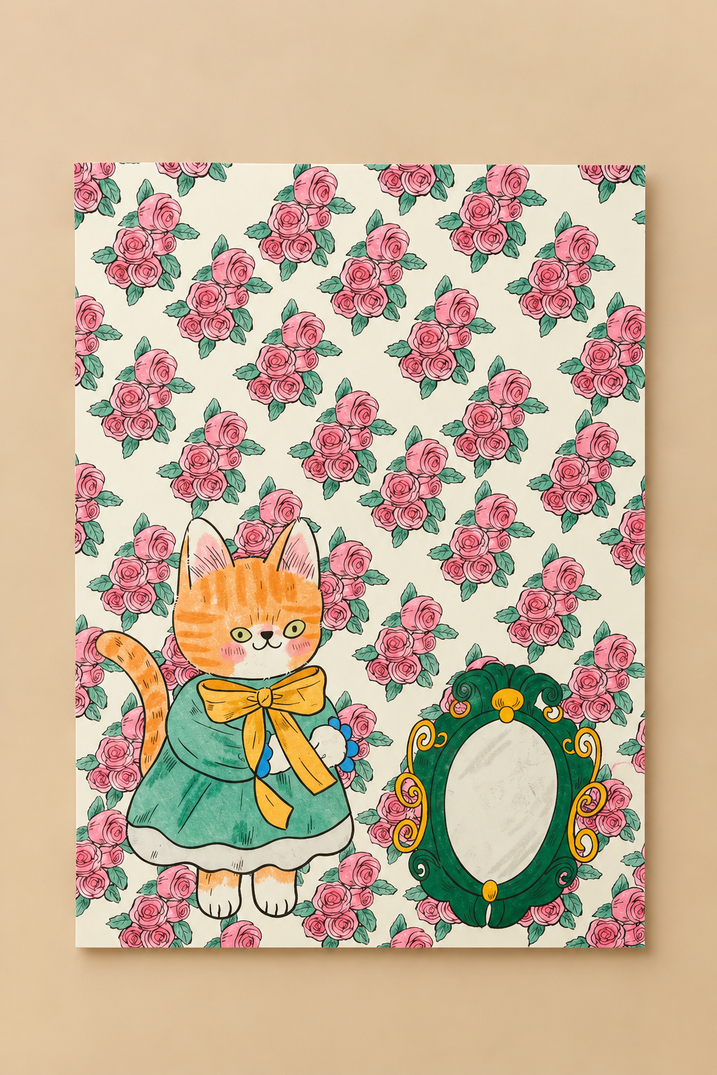 Vintage Rose Cat Post Card - Green