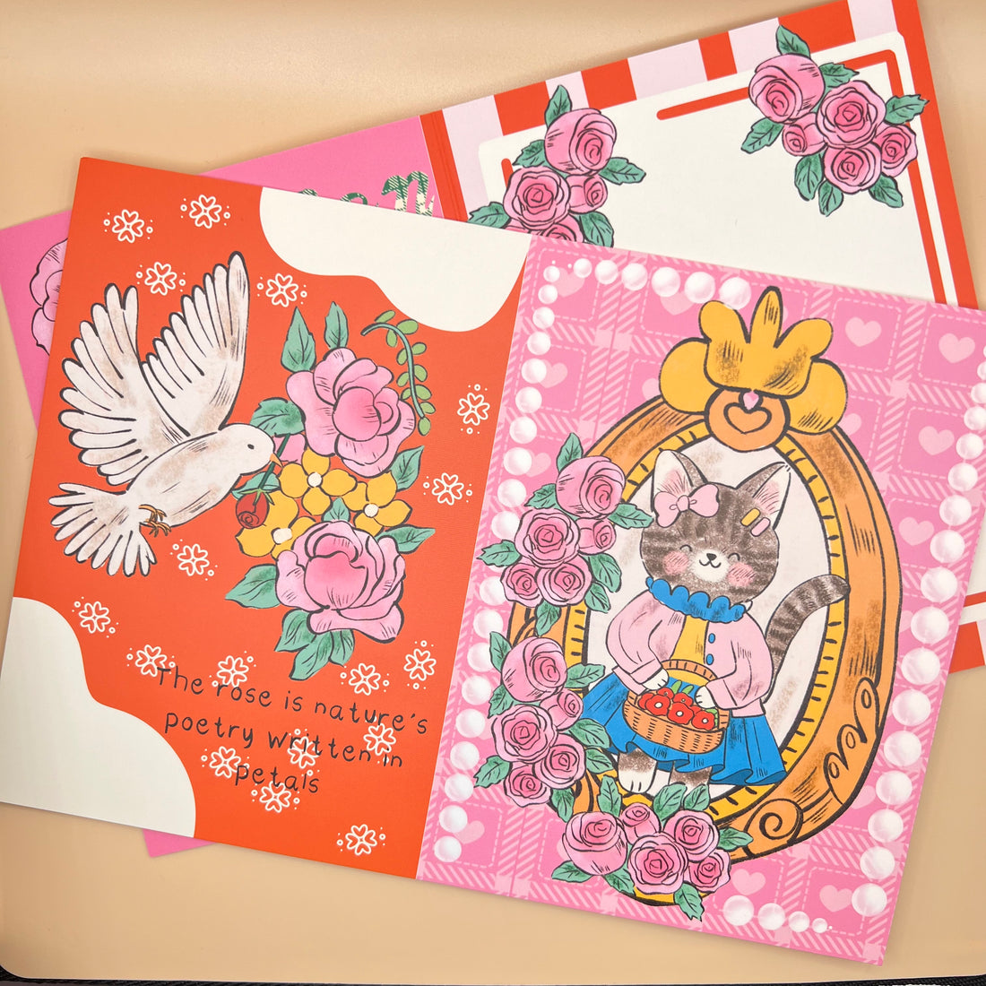 Vintage Rose Cat Greeting Card - Pink